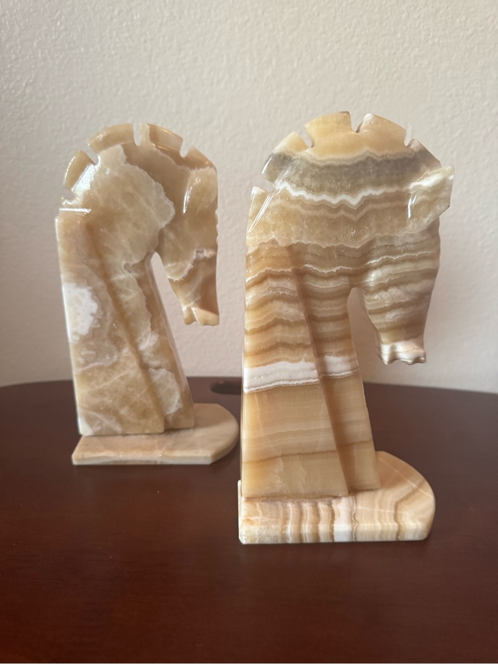 Vintage Mid-Century Hand-Carved Onyx Horse Head Sculptures Bookends/Paper weight